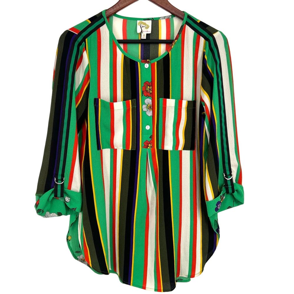 Fig & Flower Womens Size Small Green Floral Stripe Blouse Shirt Top Boho Summer